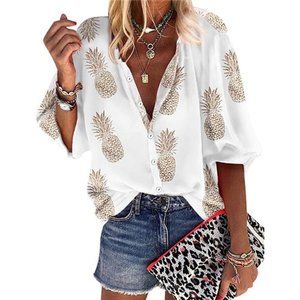 Women Pineapple Printed Lapel Collar Half Sleeves Buttons Down Blouse Shirt